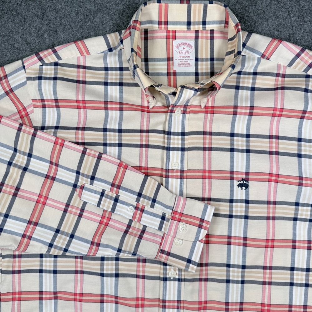 Brooks Brothers Madison Non-Iron Shirt Mens Medium Tan Red Plaid Supima Cotton